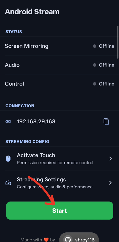 Android Stream app home screen with Start button