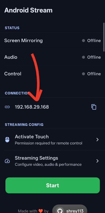 Android Stream app showing IP address 192.168.29.168