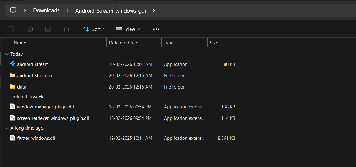 Extracted folder showing android_stream.exe and supporting files