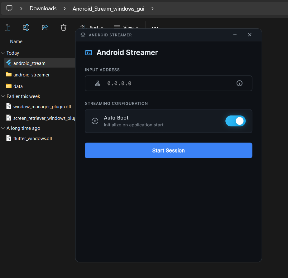 Android Streamer GUI window with Input Address and Start Session