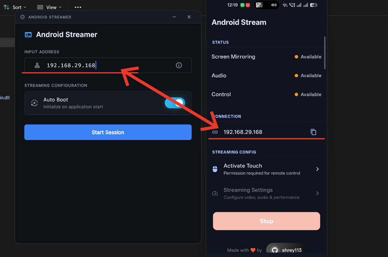 Entering IP from Android app into GUI and starting session